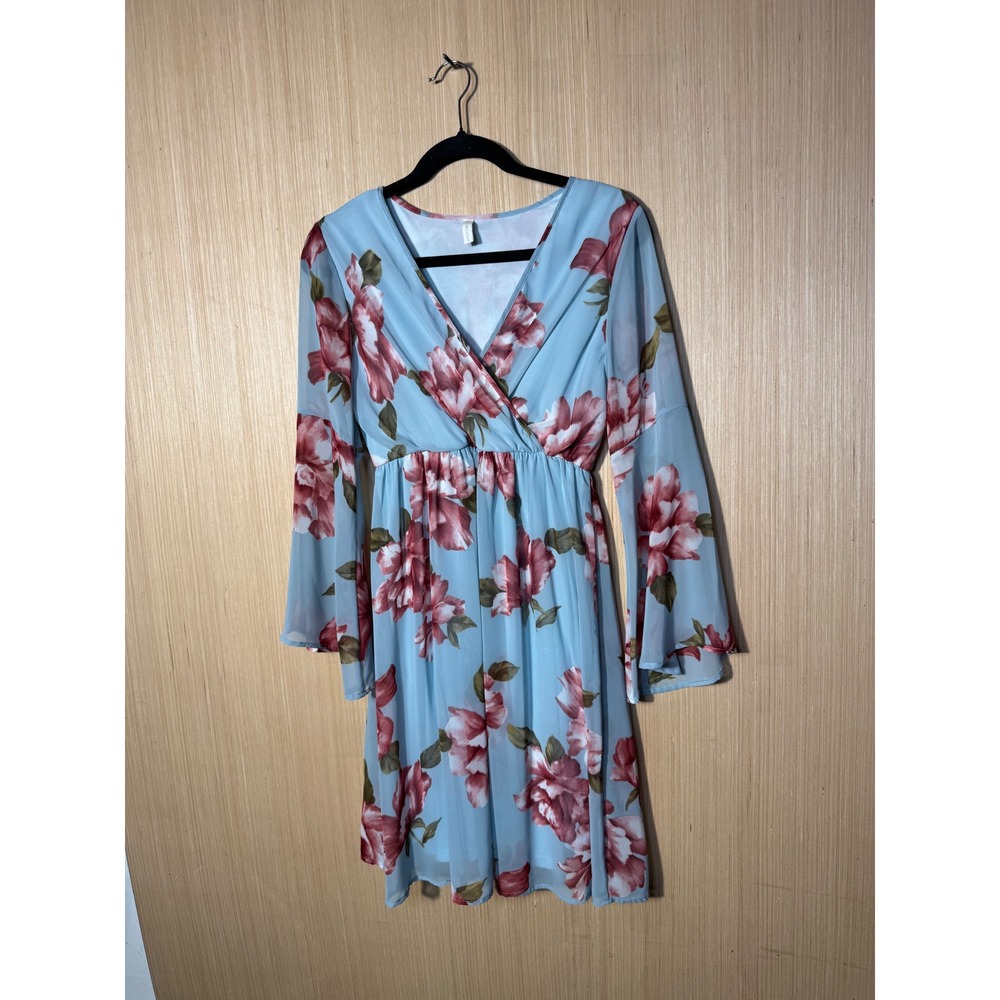 PinkBlush Blue Floral Bell Sleeve Surplice V-Neck Mini Dress Small Maternity